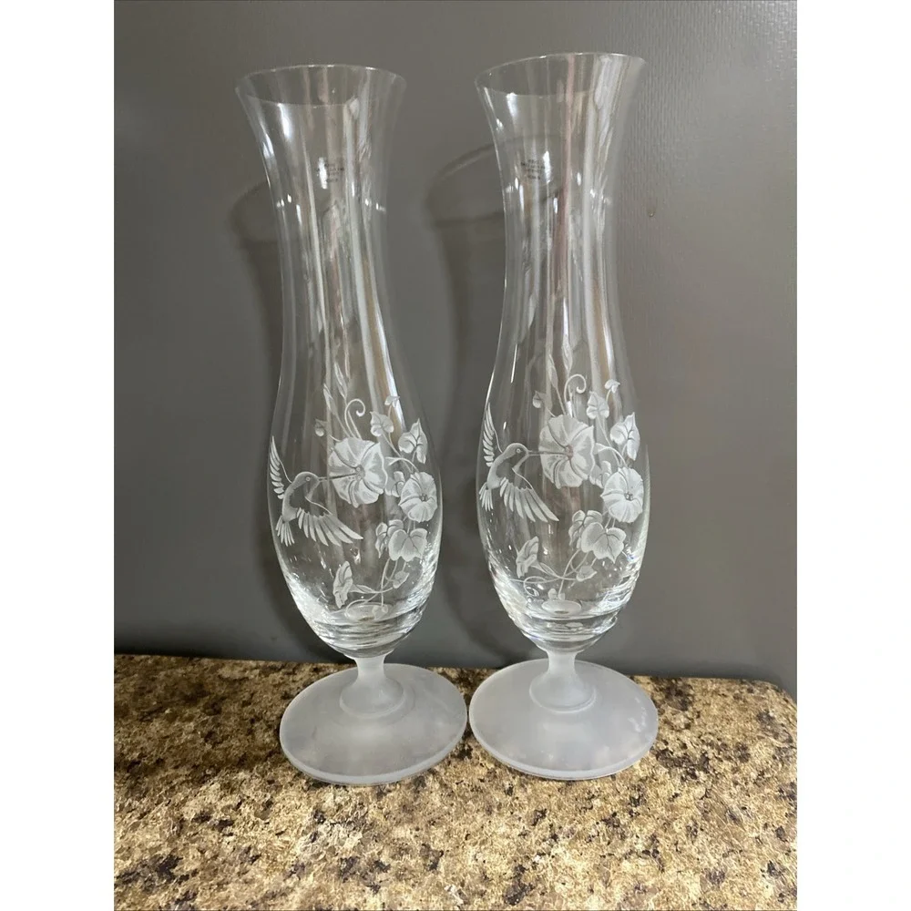 Hummingbird Floral Etched Bud Vase Vintage Avon Over 24% Full Crystal